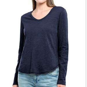 Wilt Linen Raw Hem V Neck Long Sleeve Top Womens Size L Navy Blue Casual Relaxed
